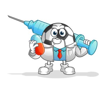 Doktorun elinde ilaç ve enjeksiyon vektörü var. çizgi film karakteri