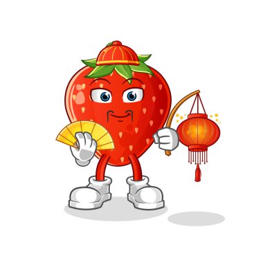 Fener resimli Çilekli Çin yemeği. karakter vektörü