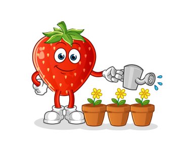 Çilek, çiçek maskotunu suluyor. çizgi film vektörü