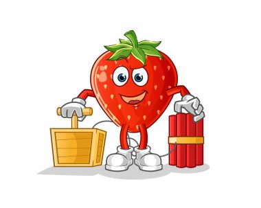 Çilek tutan dinamit patlayıcı karakteri. çizgi film maskotu vektörü