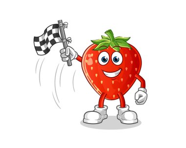 Çilekli bitiş bayrağı taşıyıcısı çizgi filmi. çizgi film maskotu vektörü