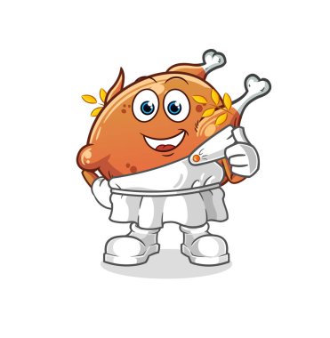 Yunan kıyafetleriyle kızarmış tavuk. çizgi film maskotu vektörü