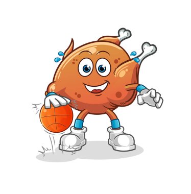 Kızarmış tavuk top süren basketbol karakteri. çizgi film maskotu vektörü