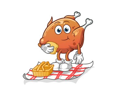 Piknik çizgi filminde kızarmış tavuk. çizgi film maskotu vektörü