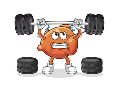 Kızarmış tavuk halterci karakteri kaldırıyor. çizgi film maskotu vektörü