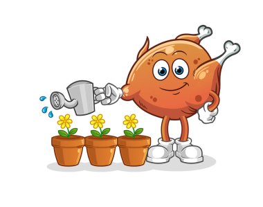 Kızarmış tavuk çiçek maskotunu suluyor. çizgi film vektörü