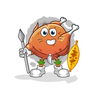 Kızarmış tavuk, Afrika kabilesinin savaşçı maskotu. çizgi film vektörü