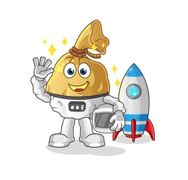 Para çantalı astronot el sallıyor. çizgi film maskotu vektörü