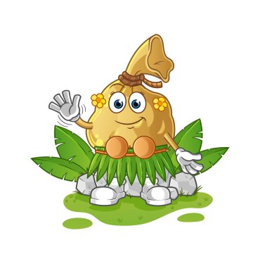 Havai para çantası, el sallayan karakter. çizgi film maskotu vektörü