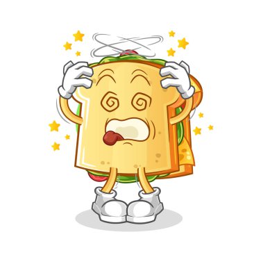 Başı dönen sandviç maskotu. çizgi film vektörü