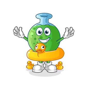 Ördek şamandıralı kimyasal cam. çizgi film maskotu vektörü