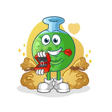 Kimyasal cam yüzük ile evlenme teklif eder. çizgi film maskotu vektörü