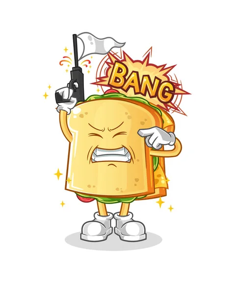 サンドイッチ警告ショットマスコット 漫画のベクトル — ストックベクタ