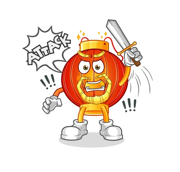 Chinese Lantern Knights Attack Sword Cartoon Mascot Vector — Stock Vector