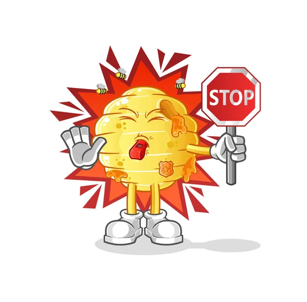 Honeycomb Holding Stop Sign Cartoon Mascot Vector — Stock Vector