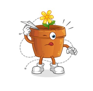 Kağıt uçak karakterli saksı. çizgi film maskotu vektörü