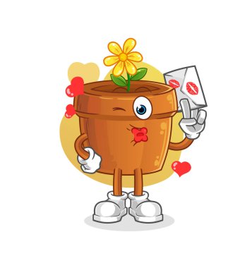 Çiçek saksısı aşk mektubu illüstrasyonu. karakter vektörü