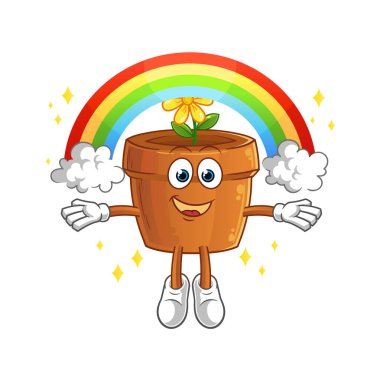 Çiçek saksısı ve gökkuşağı. çizgi film vektörü