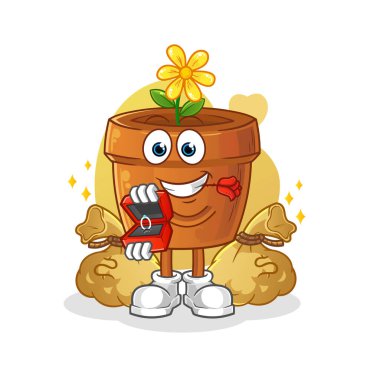 Çiçek saksısı yüzükle teklif et. çizgi film maskotu vektörü