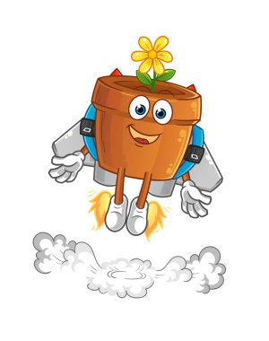 Sırt roketi maskotlu saksı. çizgi film vektörü