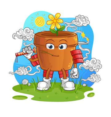 Çiçek saksısı samuray çizgi filmi. çizgi film maskotu vektörü