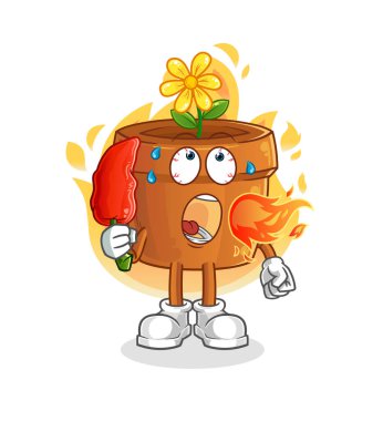 Çiçek saksısı sıcak biber maskotu yer. çizgi film vektörü