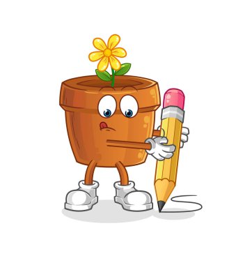 Çiçek saksısı kalemle yaz. çizgi film maskotu vektörü