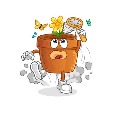 Çiçek saksısı kelebek resmi yakalar. karakter vektörü