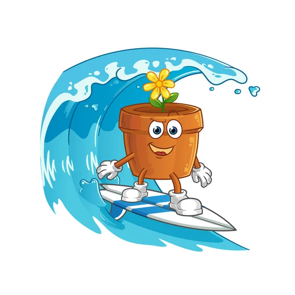 Personagem Surf Vaso Flores Vetor Mascote Desenhos Animados — Vetor de Stock