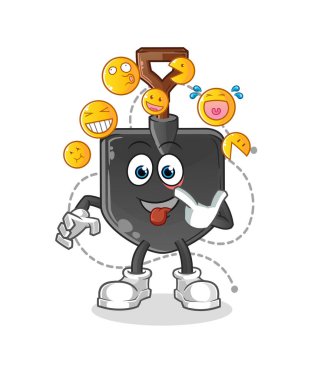 Kürek güler ve karakterle alay eder. çizgi film maskotu vektörü