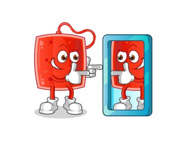 Kan torbası ayna karikatürüne bakıyor. çizgi film maskotu vektörü