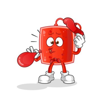 Kan torbası pandomim balonu şişiriyor. çizgi film maskotu vektörü