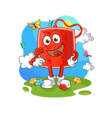 Kan torbası baharda çiçek toplar. karakter vektörü