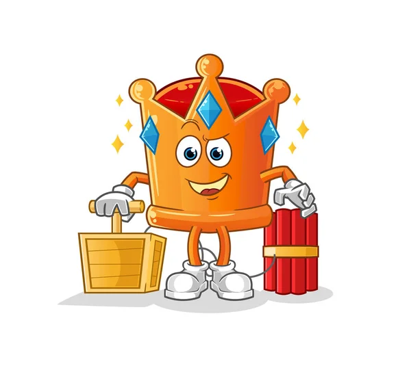 Crown Holding Dynamite Detonator Cartoon Mascot Vector — Stock Vector