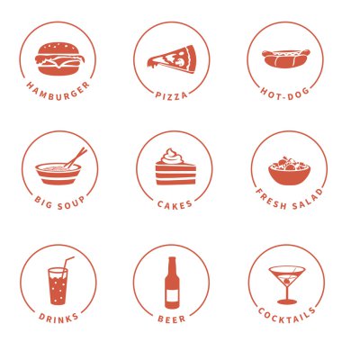 Hamburger, pizza ve retro Icons set sosisli 