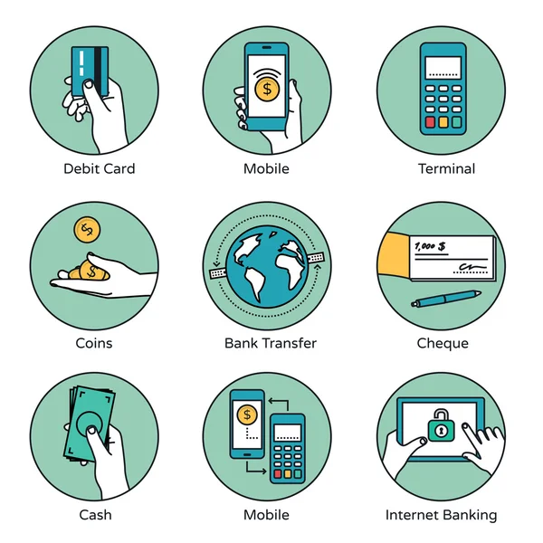 Modes de paiement mobiles et icônes de paiement — Image vectorielle