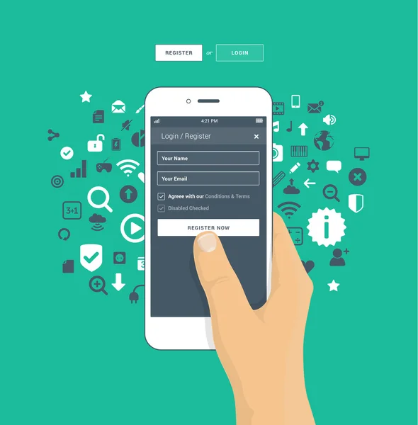 Login, tela de registro no telefone móvel —  Vetores de Stock