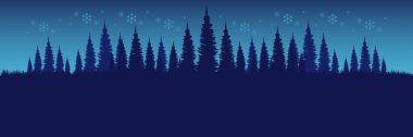 Mavi siluet çam ormanı ve düşen kar taneleri ile panoramik kış arka planı Noel başlığı için mükemmel.