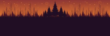 Yeşil kış ormanı silueti ve karlı panoramik Noel vektörü.