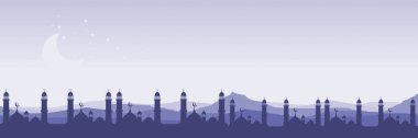 Panoramik mor Ramazan Kareem arkaplanı cami silueti ve dağ manzarasıyla