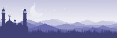 Panoramik mor Ramazan Kareem arkaplanı cami silueti ve dağ manzarasıyla
