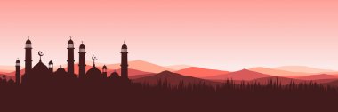 Panoramik mor Ramazan Kareem arkaplanı cami silueti ve dağ manzarasıyla