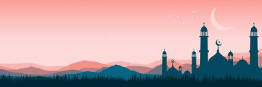 Panoramik mor Ramazan Kareem arkaplanı cami silueti ve dağ manzarasıyla