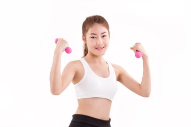 oldukça sportif kız, el dumbbell tutarak portresi