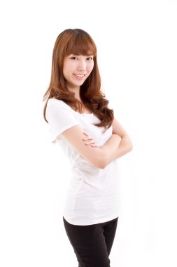 Kollarını, geçiş gülümseyen kendinden emin bir kadın vurdu stüdyo