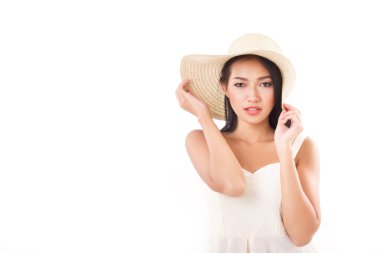 Yaz Bayan bak, beyaz arka plan ile yer arıyorum