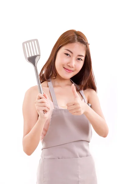 Cocina mujer dando pulgar hacia arriba a usted, blanco aislado fondo — Foto de Stock