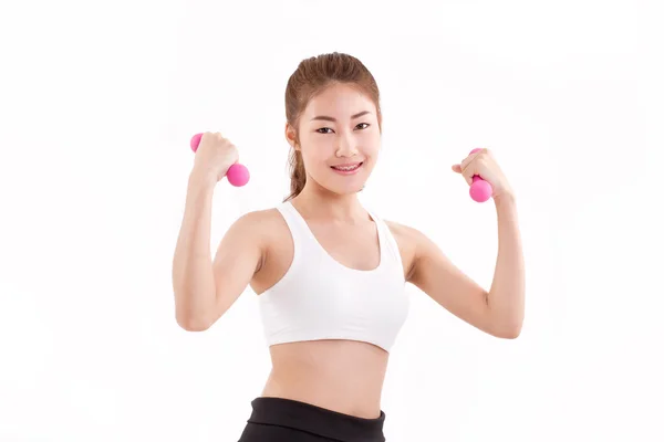 Portret van vrij sportief meisje, hand met halter — Stockfoto