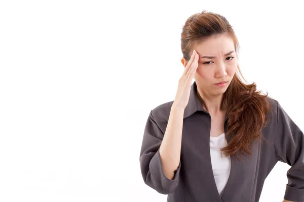 Mujer de negocios enferma sufre de dolor de cabeza, migraña —  Fotos de Stock