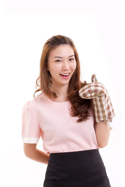 Woman baker wearing mitten glove, giving thumb up hand sign for — Stock Photo, Image